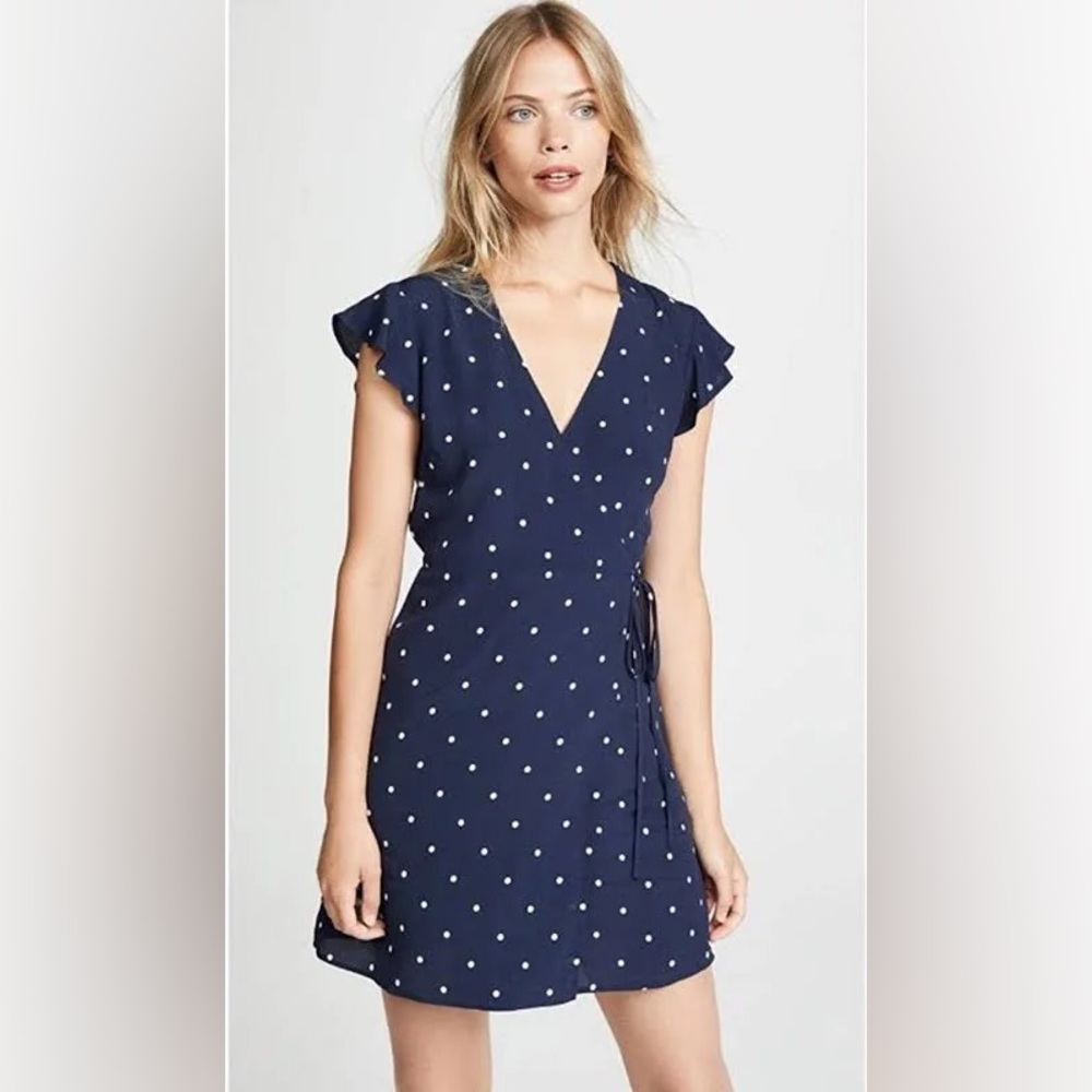 EUC Rails Brenna Navy Polka Dot Wrap Dress Flutter Sleeve, Size Large